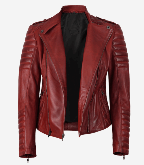 Women's Red Asymmetrical Padded Leather Biker Style Jacket