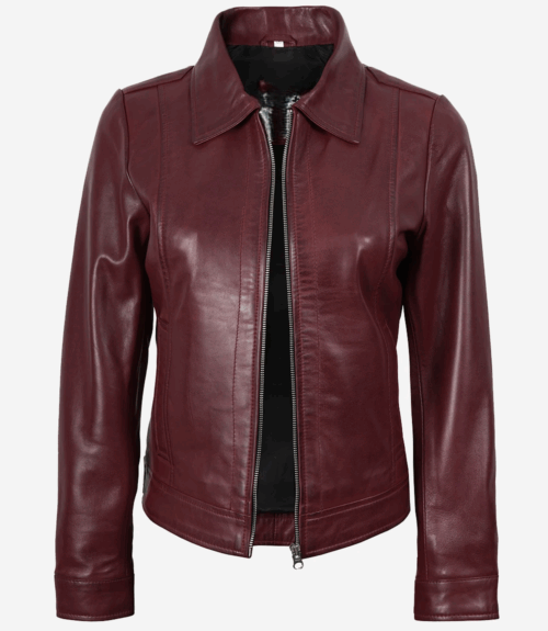 Womens Shirt Collar Burgundy Leather Jacket