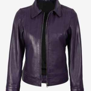 Womens Shirt Collar Purple Leather Jacket