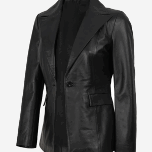 Womens Single Button Black Leather Blazer