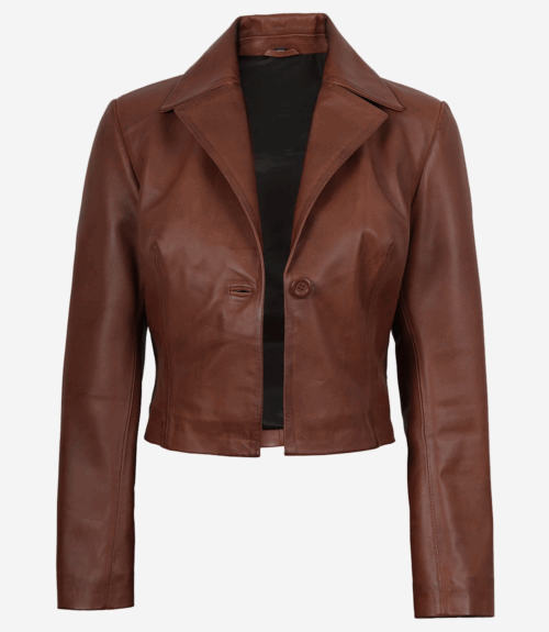 Womens Single Button Cropped Leather Jacket