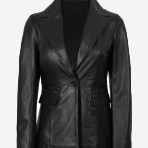 Womens Single Button Black Leather Blazer