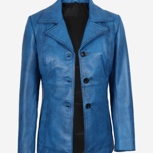 Womens Three Button Blue Waxed Leather Coat