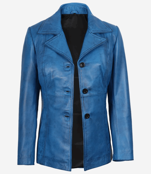 Womens Three Button Blue Waxed Leather Coat