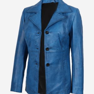 Womens Three Button Blue Waxed Leather Coat
