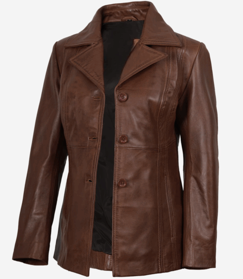 Women's Three-Button Brown Leather Blazer