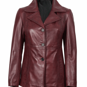 Womens Three-Button Burgundy Leather Blazer