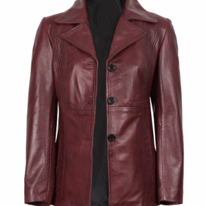 Womens Three-Button Burgundy Leather Blazer