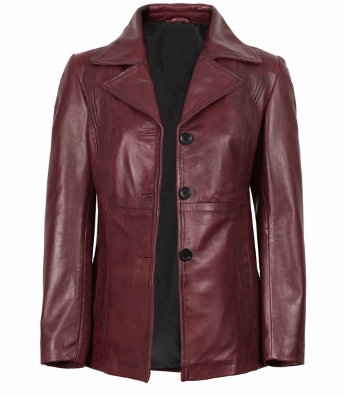 Womens Three-Button Burgundy Leather Blazer