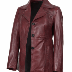 Womens Three-Button Burgundy Leather Blazer
