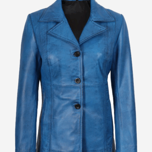 Womens Three Button Blue Waxed Leather Coat