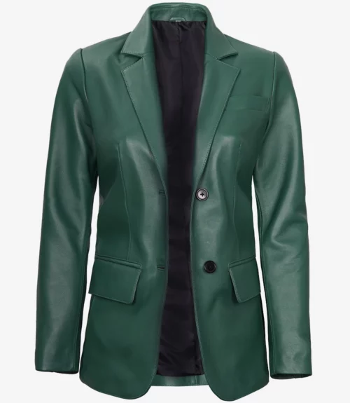 Womens Two Button Green Leather Blazer