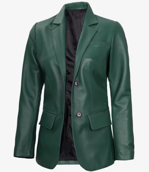 Womens Two Button Green Leather Blazer