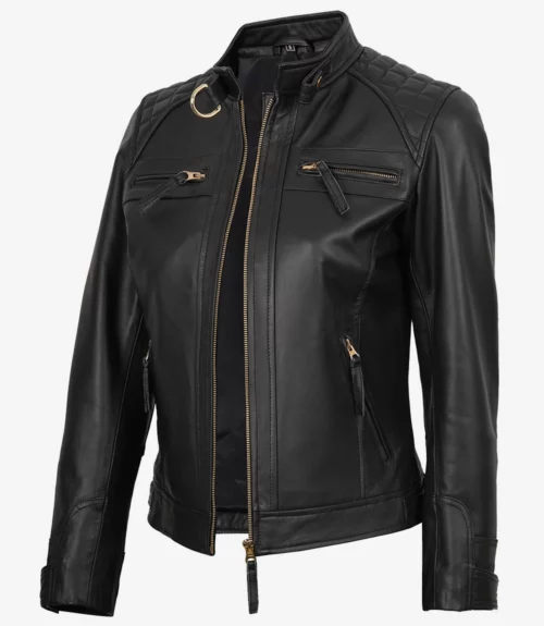 Womens Black Real Leather Biker Style Jacket