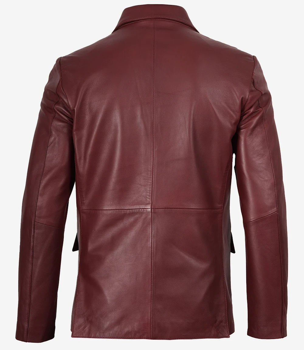 Men's Notch Lapel Maroon Leather Blazer