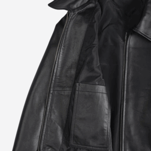 Womens Black Shirt Collar Harrington Leather Jacket