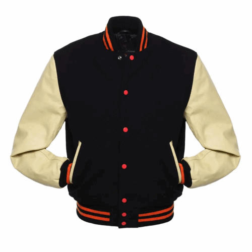 Black Wool Cream Leather Sleeves Varsity Jacket