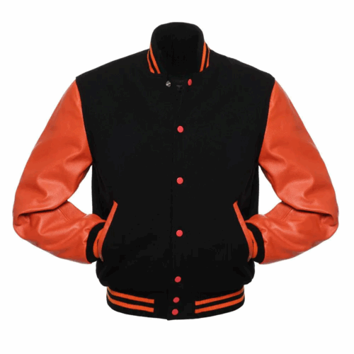 Black Wool Orange Leather Sleeves Varsity Jacket