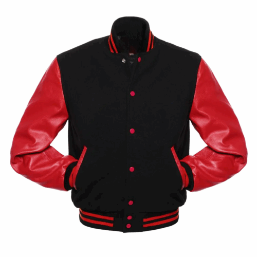 Black Wool Red Leather Sleeves Varsity Jacket