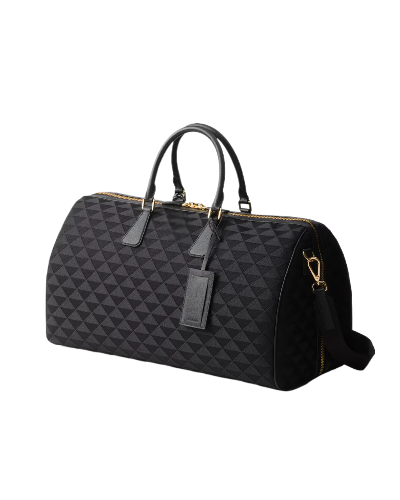 Black Embroidered Fabric Duffel Leather Bag