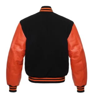 Black Wool Orange Leather Sleeves Varsity Jacket