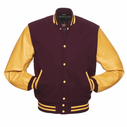 Maroon Wool & Gold Leather Sleeves Varsity Jacket