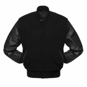 Men Black Wool & Black Leather Sleeves Varsity Jacket