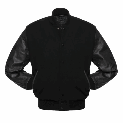 Men Black Wool & Black Leather Sleeves Varsity Jacket