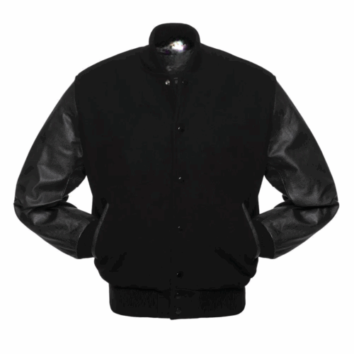 Men Black Wool Leather Sleeves Varsity Jacket