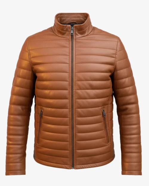 Men Classic Camel Leather Puffer Jacket