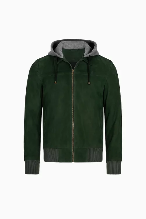 Men Green Hooded Suede Bomber Jacket