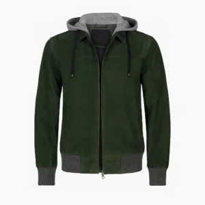 Men Green Hooded Suede Bomber Jacket