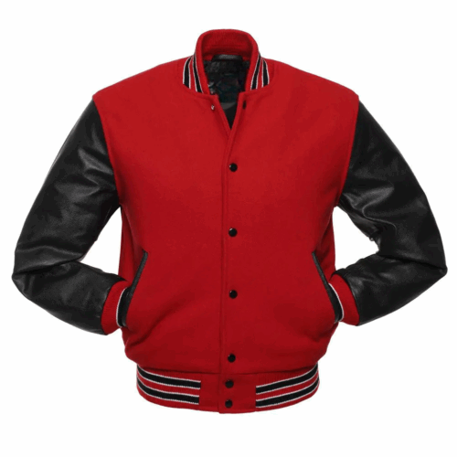 Men Red Wool Black Leather Sleeves Varsity Jacket
