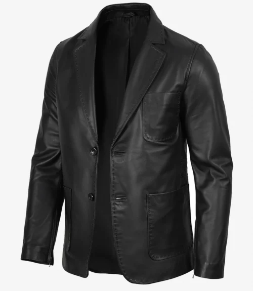 MenTwo Button Black Leather Blazer Notch Lapel
