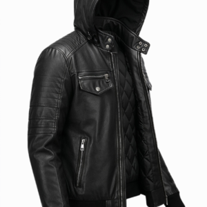 Men's Black Lambskin Removable Hooded Leather Jacket