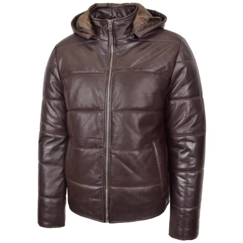 Men’s Brown Detachable Hood Leather Puffer Jacket