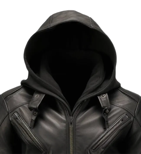 Mens Black Hooded Leather Jacket - Image 2