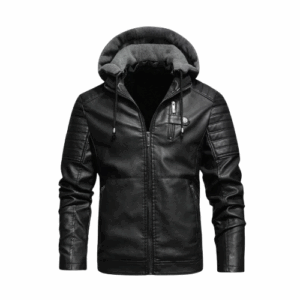 Men's Black Padded Shoulders Hooded Leather Jacket