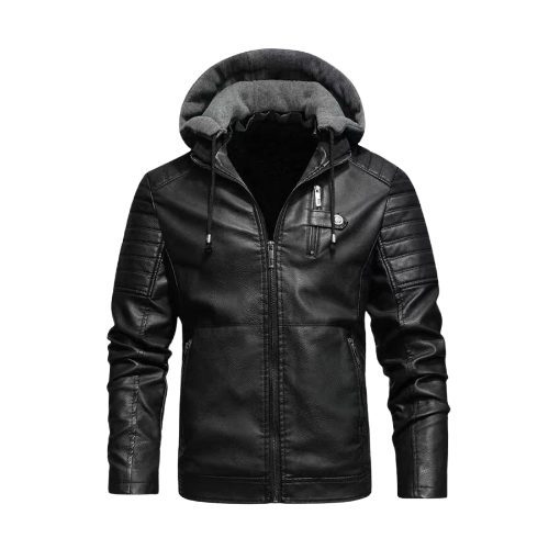Men's Black Padded Shoulders Hooded Leather Jacket