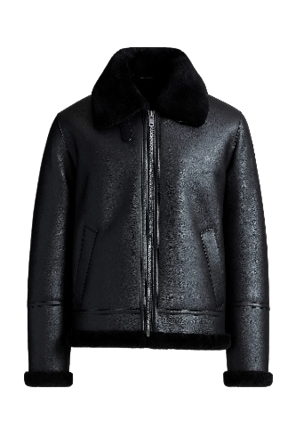 Mens Black Shearling Fur Bomber Jacket