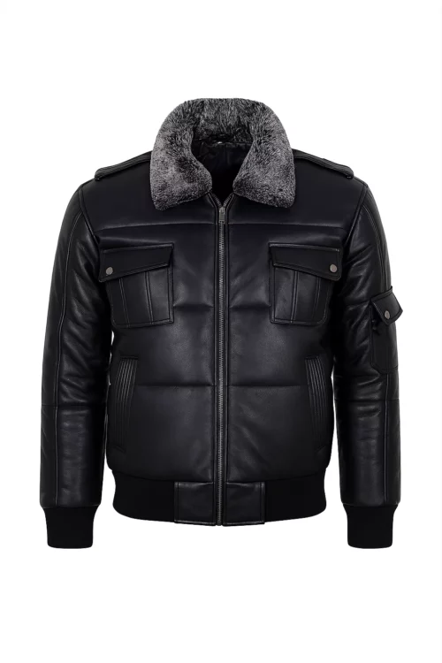 Men’s Black Shearling Puffer Bomber Leather Jacket