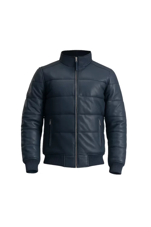Men’s Blue Bomber Puffer Leather Jacket