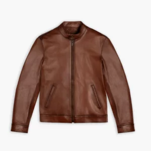 Mens Brown Banded Collar Bomber Leather Jacket