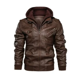 Mens Brown Bomber Hooded Leather Jacket