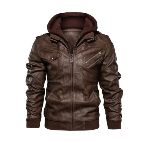 Mens Brown Bomber Hooded Leather Jacket