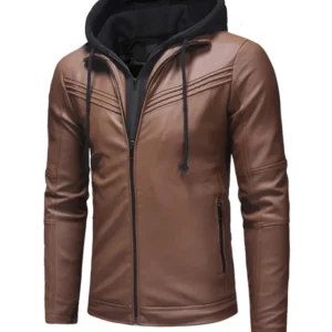 Mens Brown Style Hooded Leather Jacket