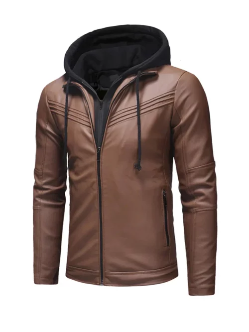Mens Brown Style Hooded Leather Jacket