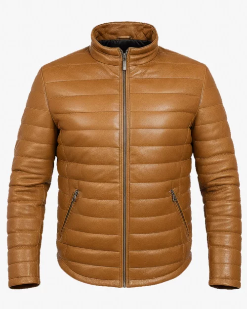 Men’s Camel Quilted Leather Puffer Jacket
