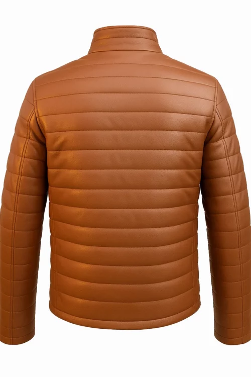Men Classic Camel Leather Puffer Jacket