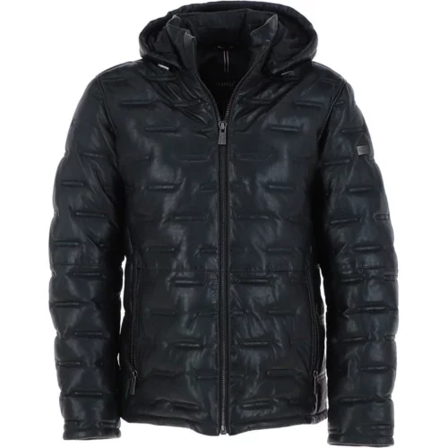 Mens Detachable Hood Black Leather Puffer Jacket